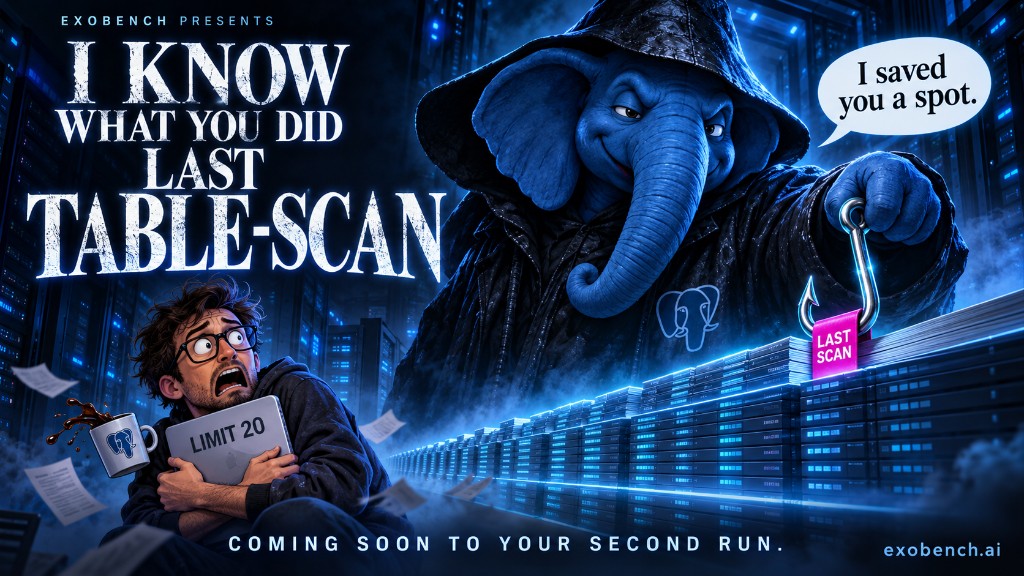 A hooded blue elephant in a server room holds a fishhook tagged LAST SCAN over a long row of racks and tells a startled developer clutching a LIMIT 20 laptop, "I saved you a spot." The poster title is "I know what you did last table-scan." The tagline is "Coming soon to your second run."
