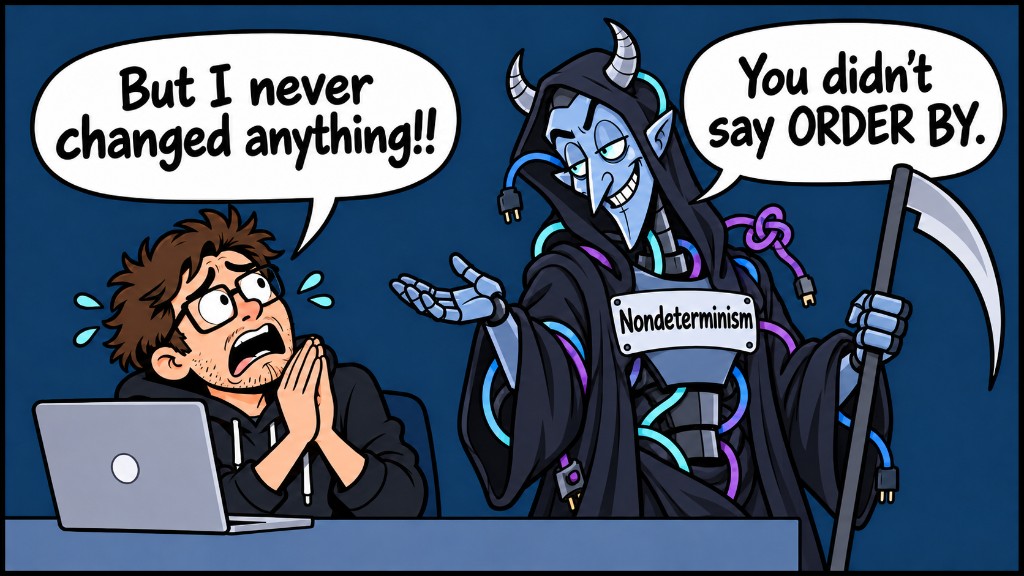 A cartoon of a sweating developer at a laptop saying, "But I never changed anything!!" A blue horned figure in a hooded robe, wearing a name tag that reads Nondeterminism and holding a scythe, answers, "You didn't say ORDER BY."